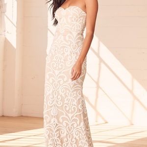 *****SOLD*****Art of Romance Beige and White Embroidered Strapless Maxi Dress